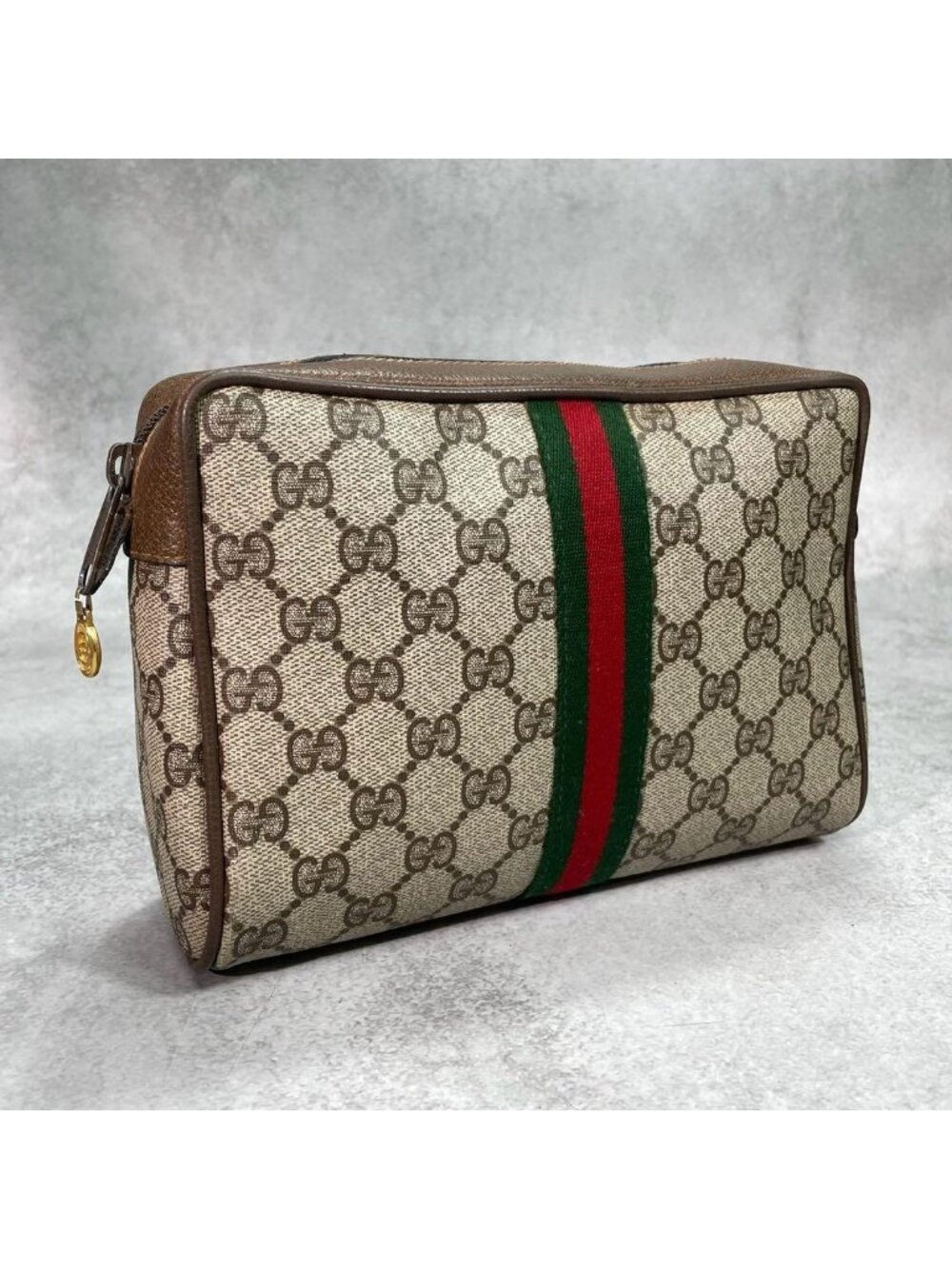 Gucci GG Sherry Line Clutch Brown Logo Leather